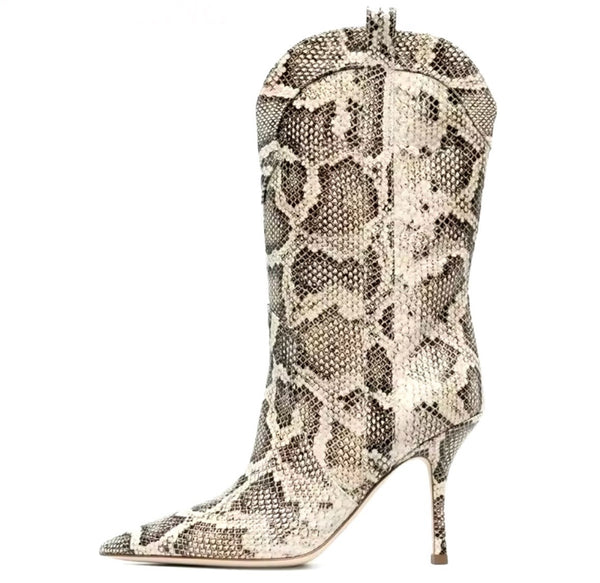 Women Pointed Toe Snake Print High Heel Boots