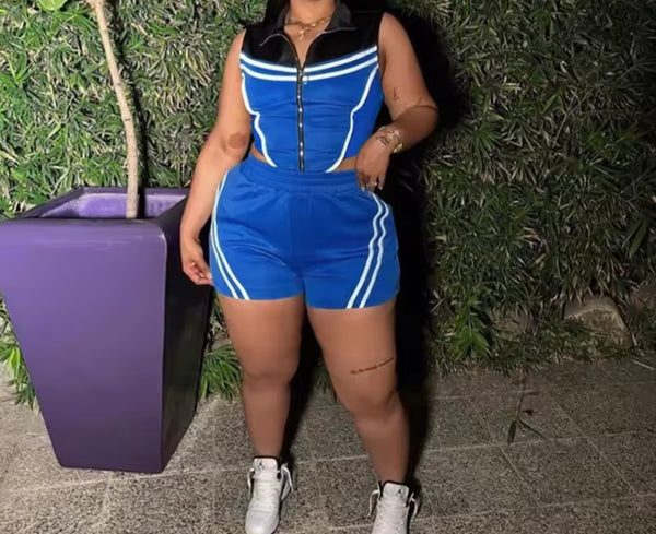 Women Fashion Zip Up Sleeveless Striped Two Piece Short Set