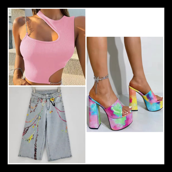 Women Fashion Printed Denim Capri Pants
