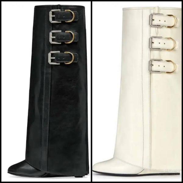 Women Fashion Faux Leather Buckled Wedge Knee High Boots