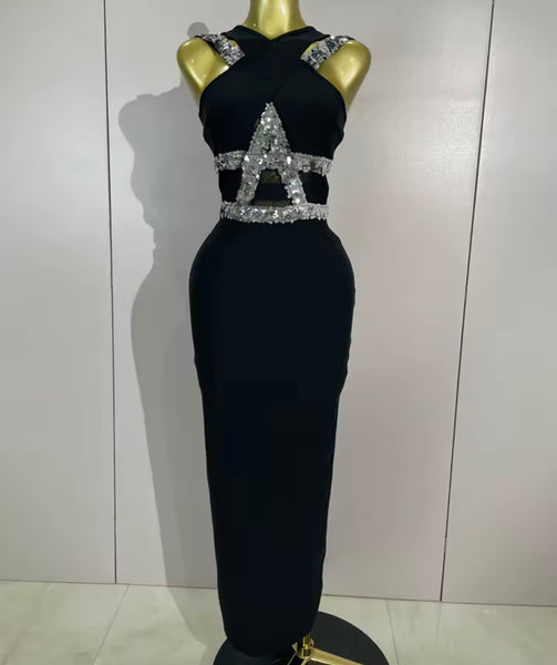 Women Black Sequins Sleeveless Sexy Maxi Dress