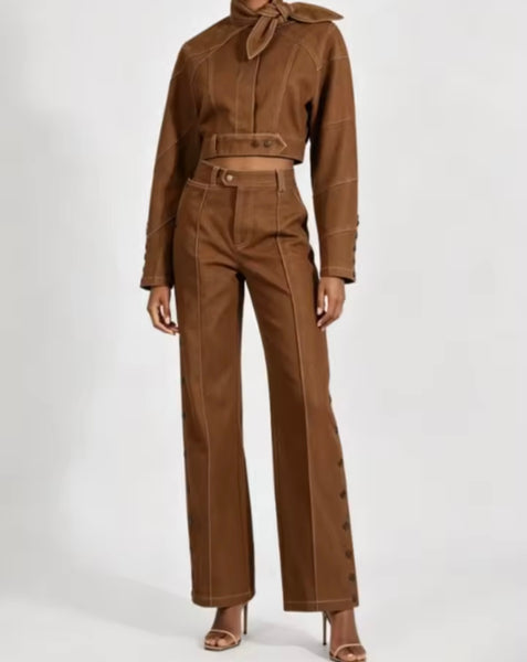 Women Brown Fashion Denim Jacket Button Two Piece Pant Set