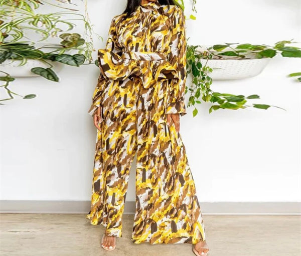 Women Fashion Multicolored Print Full Sleeve Two Piece Pant Set