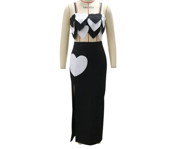 Women Sexy Sleeveless B&W Heart Two Piece Maxi Skirt Set