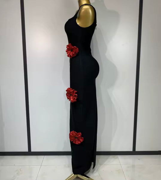 Women Sexy Black Sleeveless 3D Floral Maxi Dress