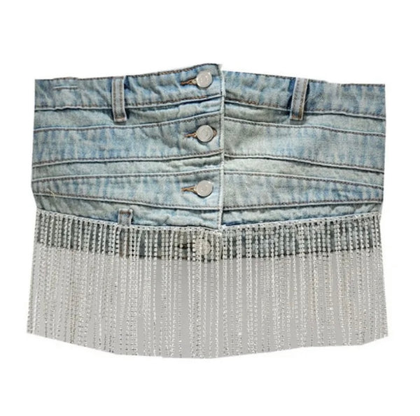 Women Fashion Button Up Strapless Tassel Denim Crop Top