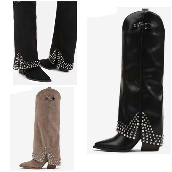Women Fashion Rivet Suede/Faux Leather Knee High Boots