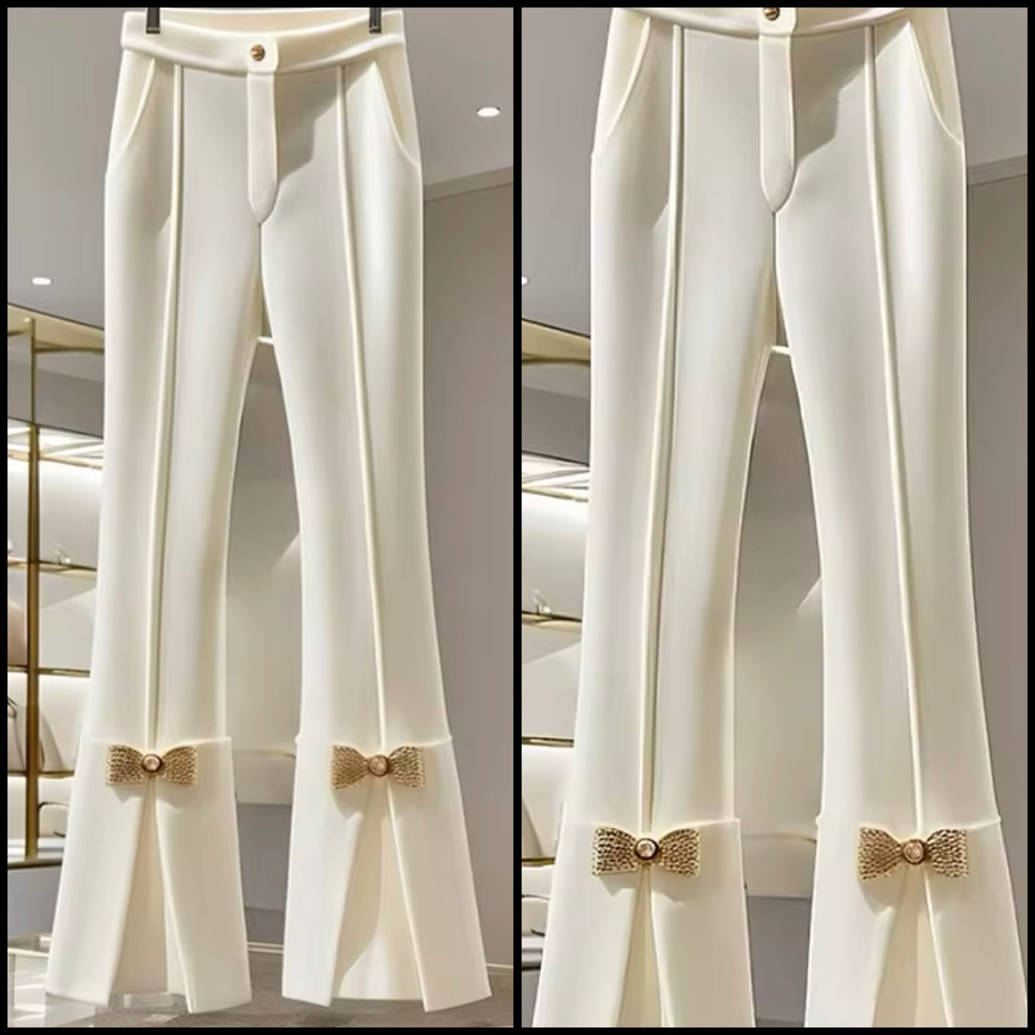 Women Fashion White Gold Bow Pants