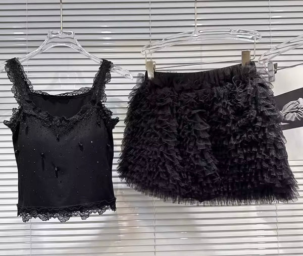 Women Beaded Tank Top Two Piece Ruffled Skirt Set