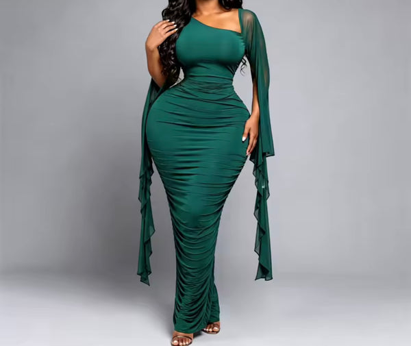 Women Sexy Flare Sleeve Ruched Maxi Dress
