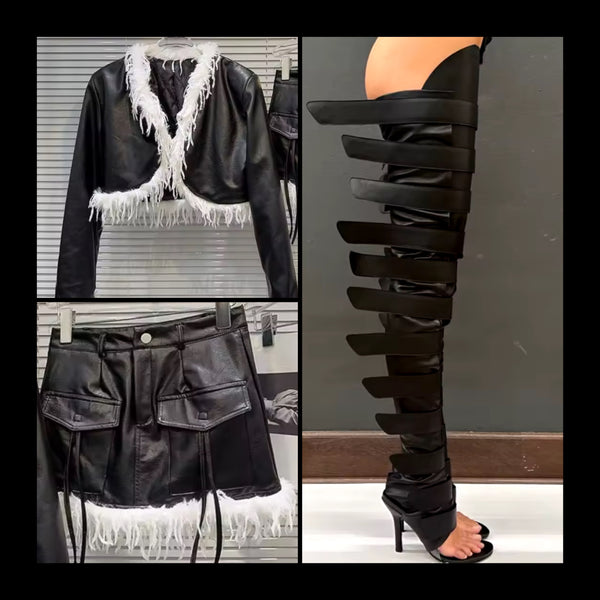 Women Fashion Fur Faux Leather Two Piece Skirt Set