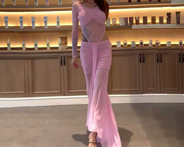 Women Sexy Solid Color Mesh Full Sleeve Bodysuit Two Piece Maxi Skirt Set