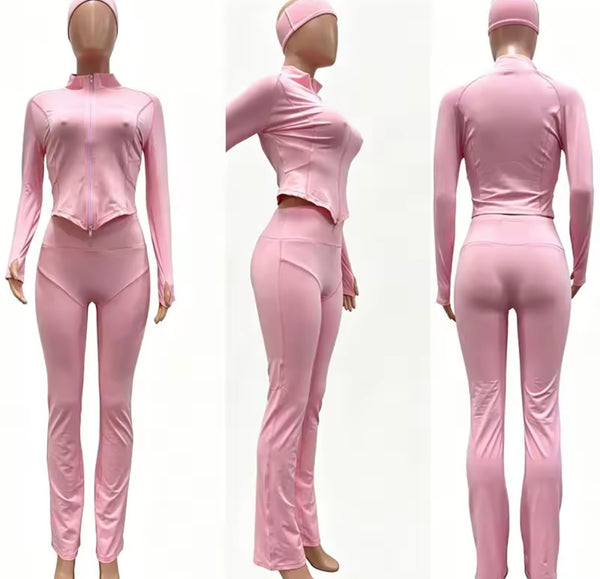 Women Fashion Color Zip Up Headband Three Piece Pant Set