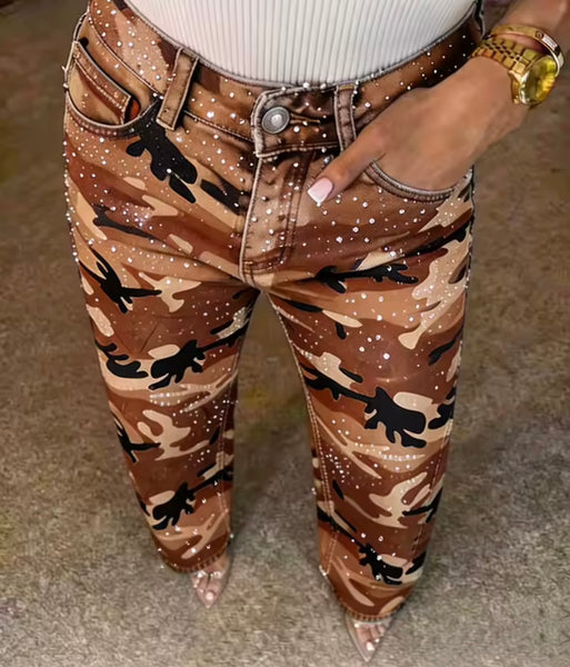 Women Fashion Color Camouflage Bling Denim Pants