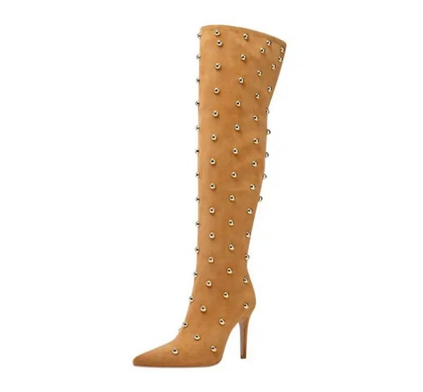 Women Suede Rivet Fashion Pointed Toe Over The Knee Boots