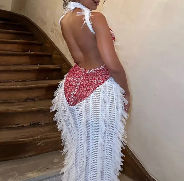 Women Sexy Halter Sleeveless Fringe Mesh Maxi Dress