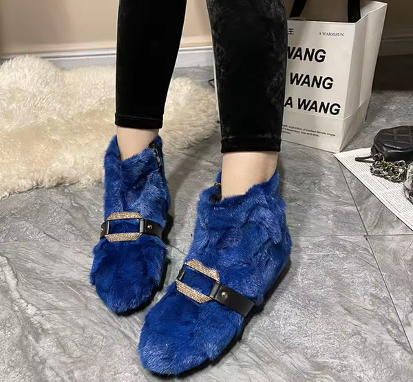 Women Fashion Bling Buckled Faux Fur Ankle Boots