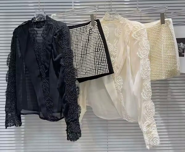 Women Floral Lace Full Sleeve Two Piece Bling Short Set