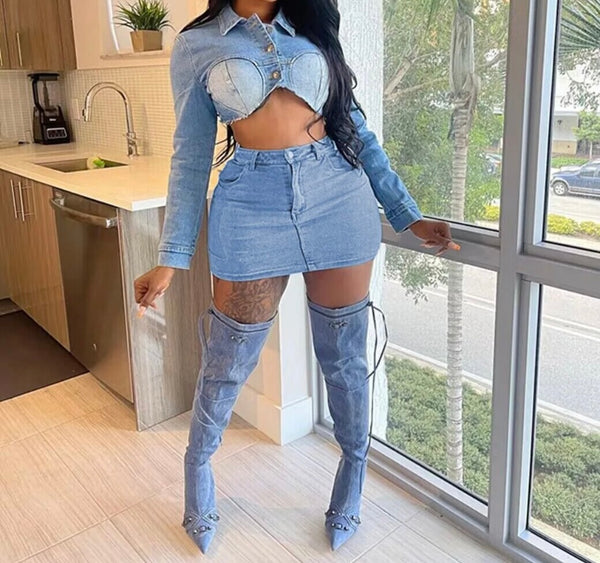 Women Fashion Two Piece Full Sleeve Crop Denim Skirt Set