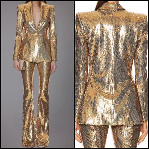 Women Fashion Gold Sequins Blazer Two Piece Pant Set