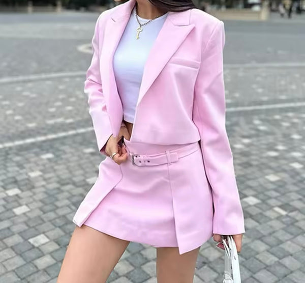 Women Sexy Fashion Color Blazer Two Piece Skirt Set