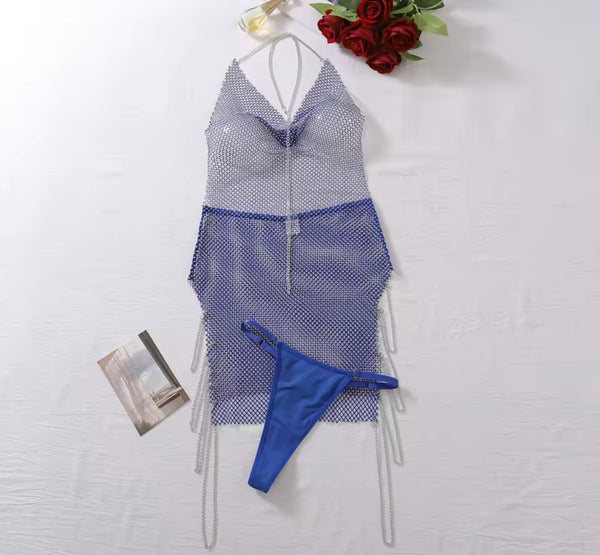 Women Blue Sexy Chain Halter See Through Lingerie Set