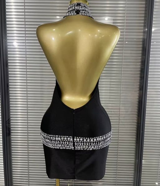 Women Sexy Halter Sleeveless Open Back Rhinestone Dress