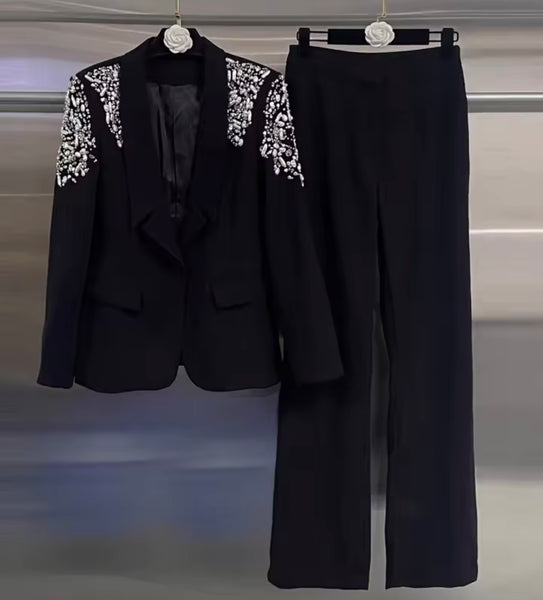Women Black Rhinestone Full Sleeve Blazer Two Piece Pant Set