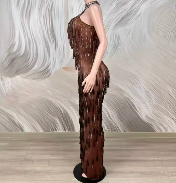 Women Sexy Brown Rhinestone Tassel Mesh Maxi Dress