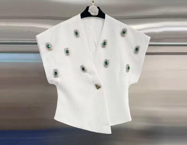 Women Short Sleeve Green Crystal Asymmetrical Top
