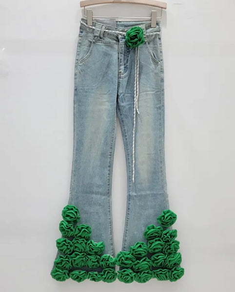 Women Denim Fashion Color Floral Patchwork Pants