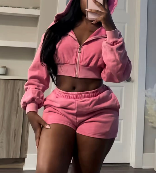 Women Fashion Pink Hooded Zip Up Two Piece Short Set