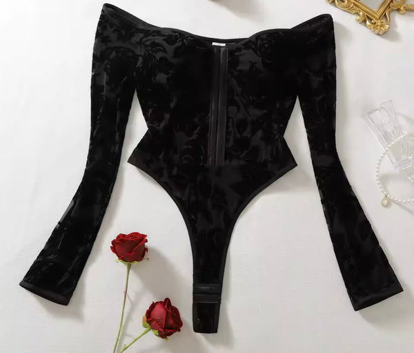 Women Sexy Black Off The Shoulder Floral Bodysuit Lingerie