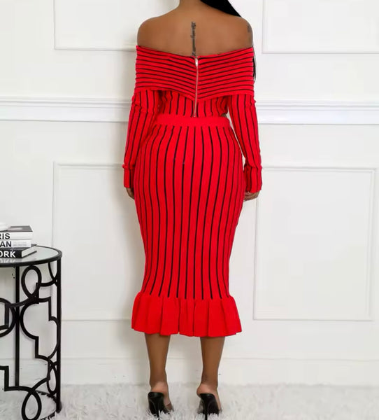 Women Sexy Striped Off The Shoulder Full Sleeve Two Piece Skirt Set