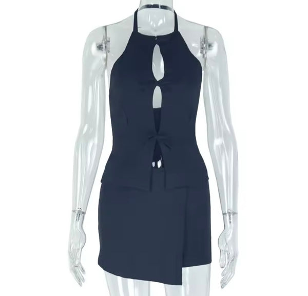 Women Sexy Halter Sleeveless Solid Color Two Piece Short Set
