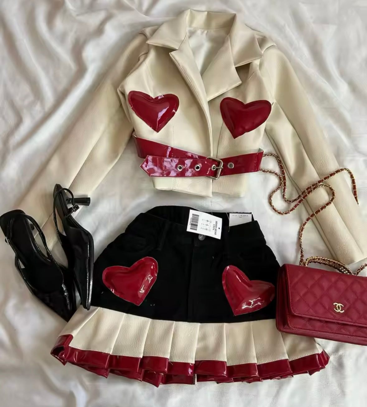 Women Fashion PU Heart Buckled Jacket Two Piece Denim Skirt Set