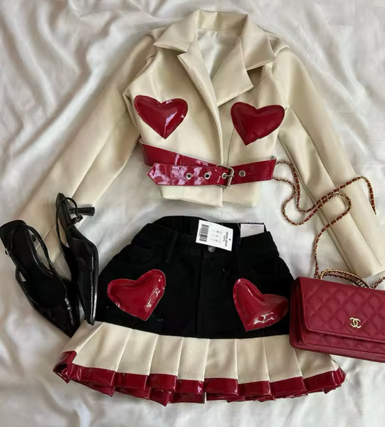 Women Fashion PU Heart Buckled Jacket Two Piece Denim Skirt Set