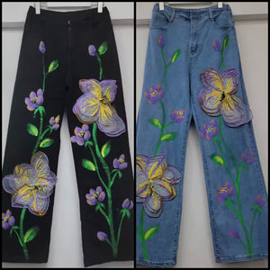 Women Fashion Purple Floral Denim Pants
