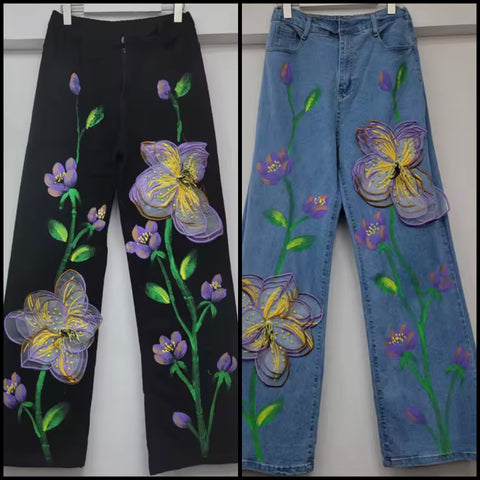 Women Fashion Purple Floral Denim Pants