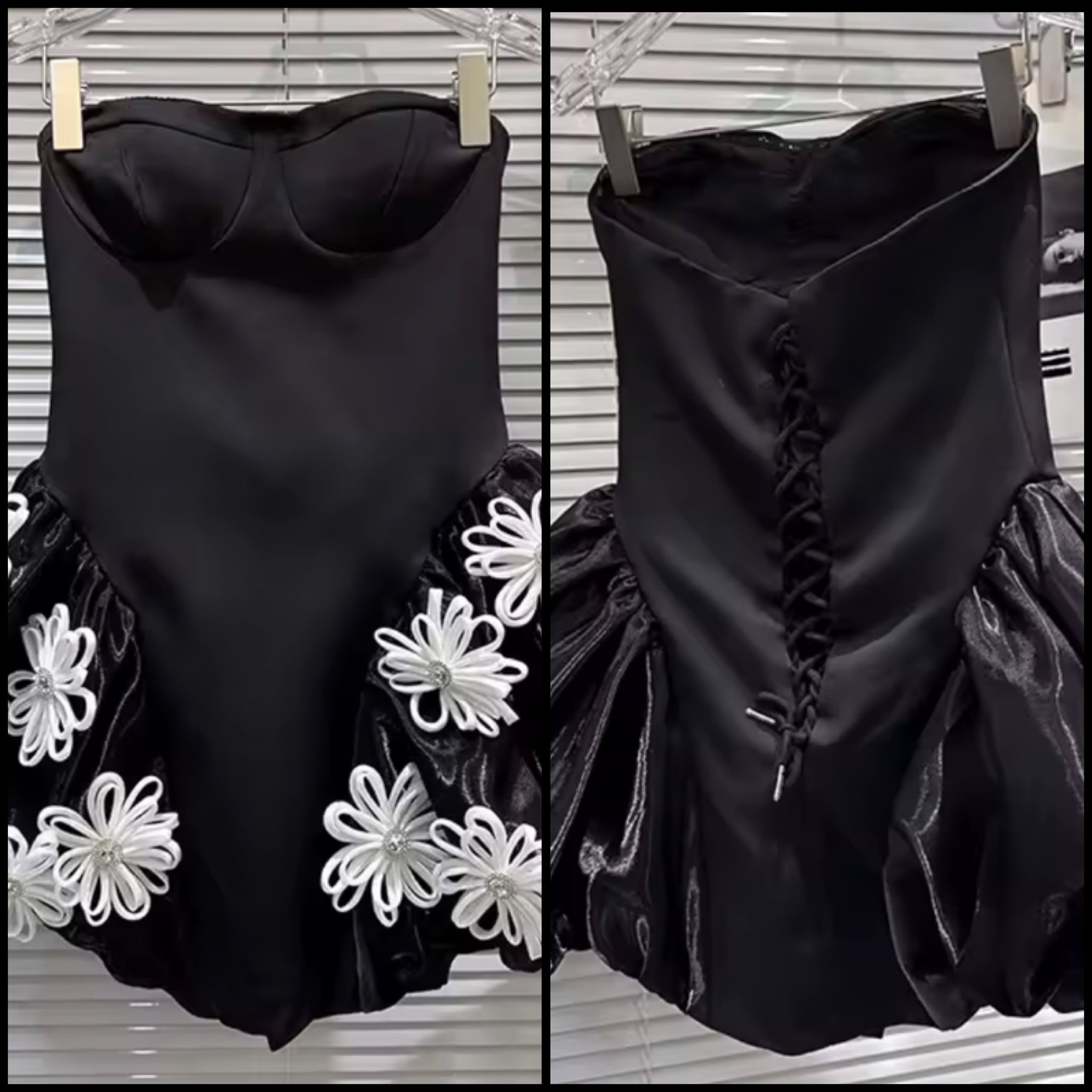 Women Strapless Sexy Black Bling 3D Floral Corset Dress