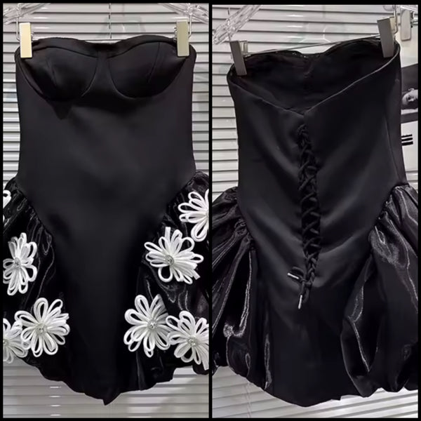 Women Strapless Sexy Black Bling 3D Floral Corset Dress