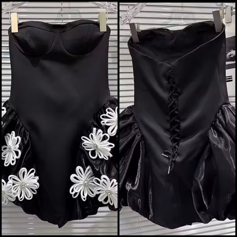 Women Strapless Sexy Black Bling 3D Floral Corset Dress