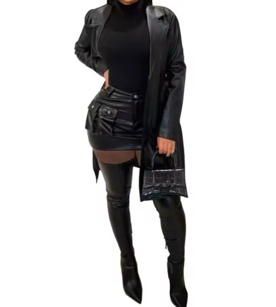 Women Fashion Black PU Leather Belted Trench Jacket