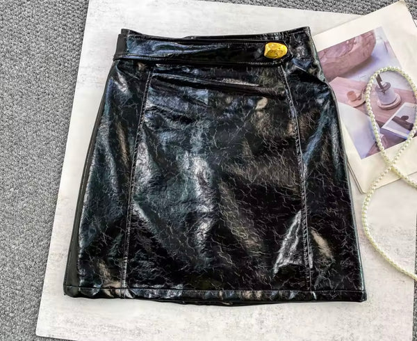 Women Fashion High Waist Metal PU Skirt