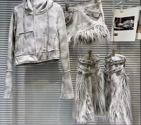 Women Fashion Fur Gray Tie Dye Hooded Three Piece Short Set