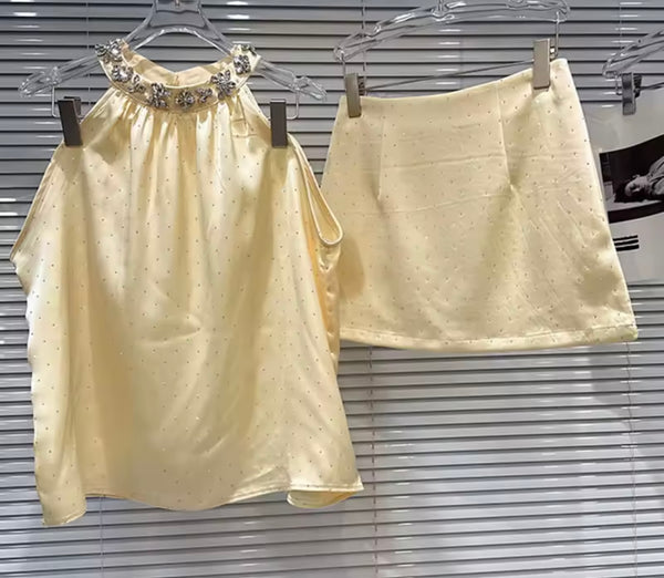 Women Rhinestone Halter Satin Sexy Two Piece Skirt Set