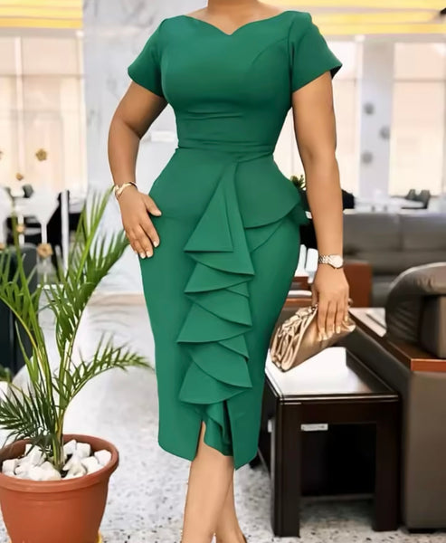 Women Sexy Short Sleeve Solid Color Ruffled Dress