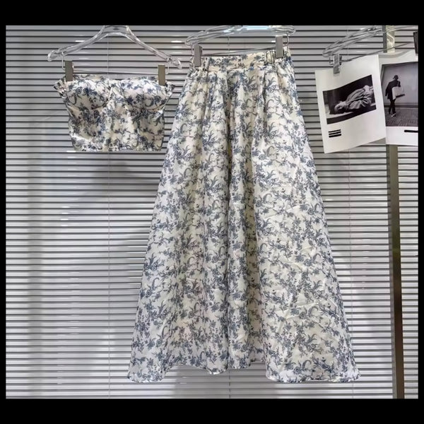 Women White Strapless Blue Floral Two Piece Maxi Skirt Set