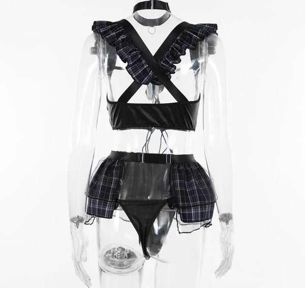 Women Sexy Plaid Ruffled Cut Out Lingerie Set