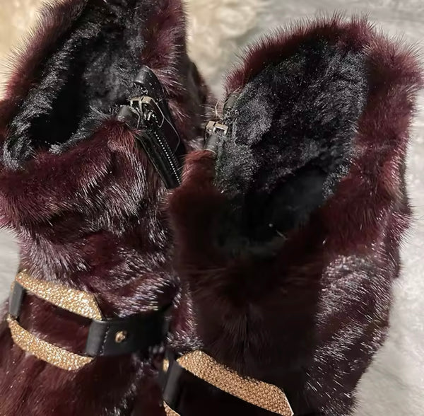 Women Fashion Bling Buckled Faux Fur Ankle Boots